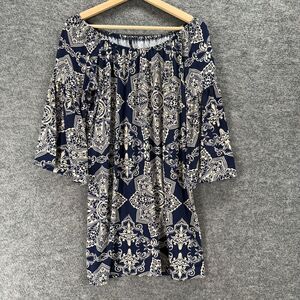 Emma Rose Dress Women M Medium Blue Geometric Shift Short 3/4 Sleeve Casual